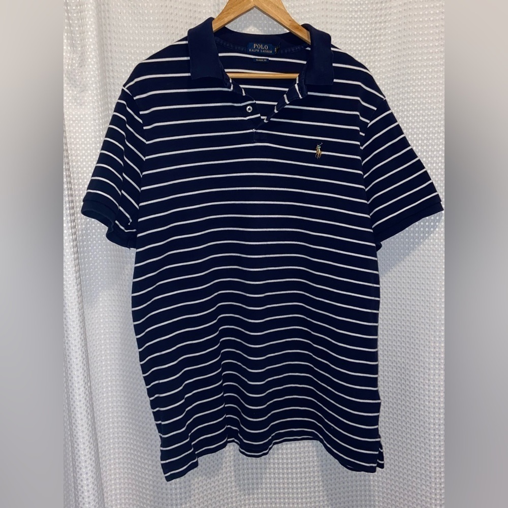2/40$ Men’s Ralph Lauren white‎ & Navy blue striped knit cotton polo Sz XL